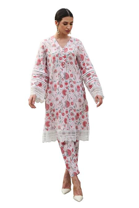 Buy Sage Saga Ivory Muslin, Cotton Lace V-neck Blossom Print Kurta With Salwar Online at Aza Fashions Buy_Sage Saga_Ivory Muslin, Cotton Lace V-neck Blossom Print Kurta With Salwar _Online_at_Aza_Fashions
