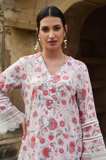 Shop Sage Saga Ivory Muslin, Cotton Lace V-neck Blossom Print Kurta With Salwar Online at Aza Fashions Shop_Sage Saga_Ivory Muslin, Cotton Lace V-neck Blossom Print Kurta With Salwar _Online_at_Aza_Fashions
