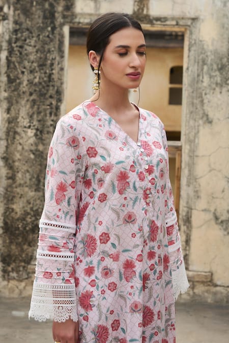 Buy Sage Saga Ivory Muslin, Cotton Lace V-neck Blossom Print Kurta With Salwar Buy_Sage Saga_Ivory Muslin, Cotton Lace V-neck Blossom Print Kurta With Salwar