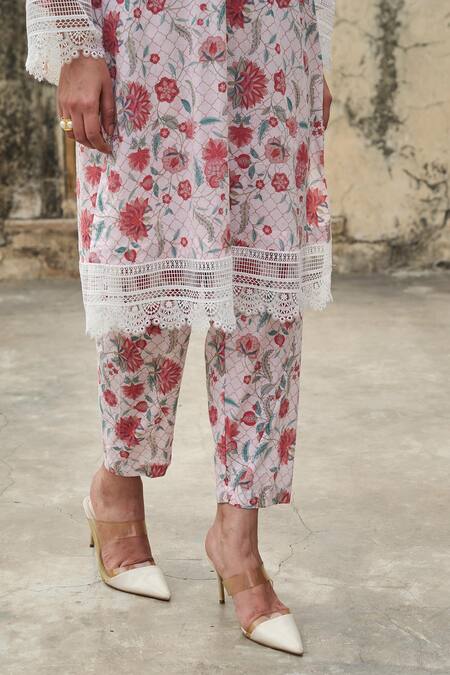 Shop Sage Saga Ivory Muslin, Cotton Lace V-neck Blossom Print Kurta With Salwar Shop_Sage Saga_Ivory Muslin, Cotton Lace V-neck Blossom Print Kurta With Salwar