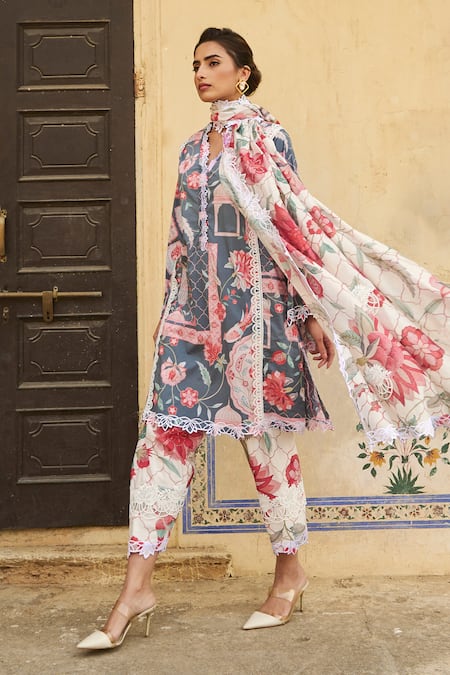 Shop_Sage Saga_Ivory Chanderi Printed Floral Dupatta_at_Aza_Fashions