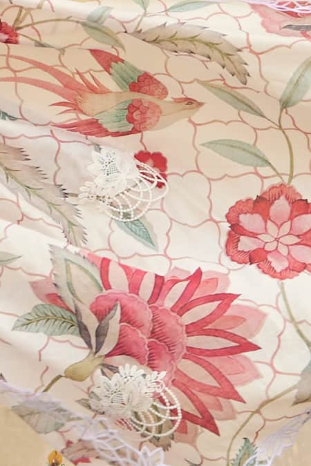 Sage Saga_Ivory Chanderi Printed Floral Dupatta_Online_at_Aza_Fashions