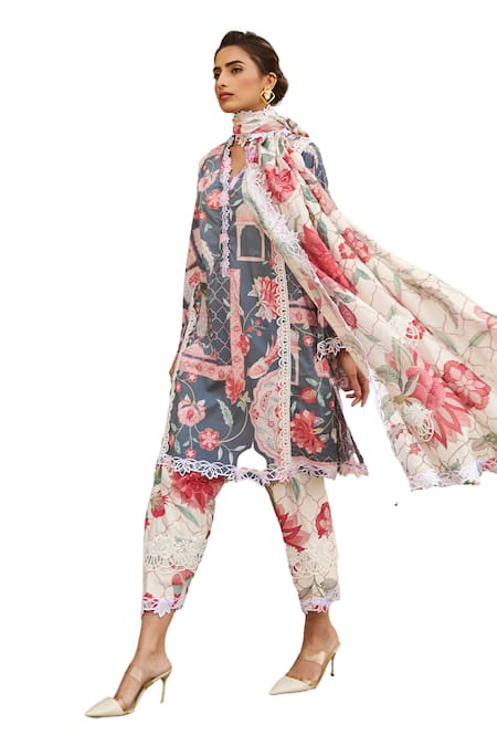 Buy_Sage Saga_Ivory Chanderi Printed Floral Dupatta_Online_at_Aza_Fashions