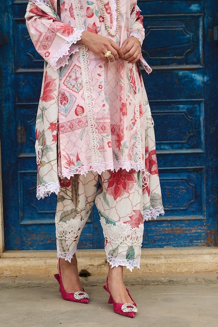 Sage Saga_Ivory Chanderi Printed Floral Salwar_Online_at_Aza_Fashions
