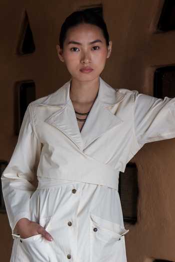 The Terra Tribe_Off White Organic Cotton Solid Lapel Collar Plain Trench Coat_Online_at_Aza_Fashions