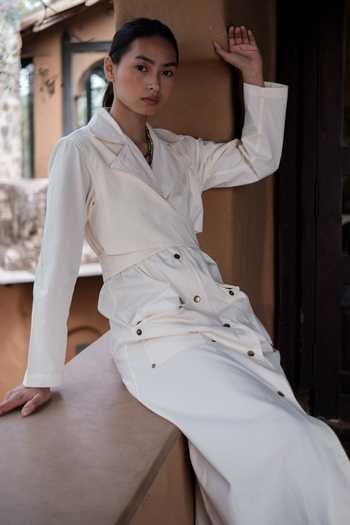 Shop_The Terra Tribe_Off White Organic Cotton Solid Lapel Collar Plain Trench Coat_Online_at_Aza_Fashions