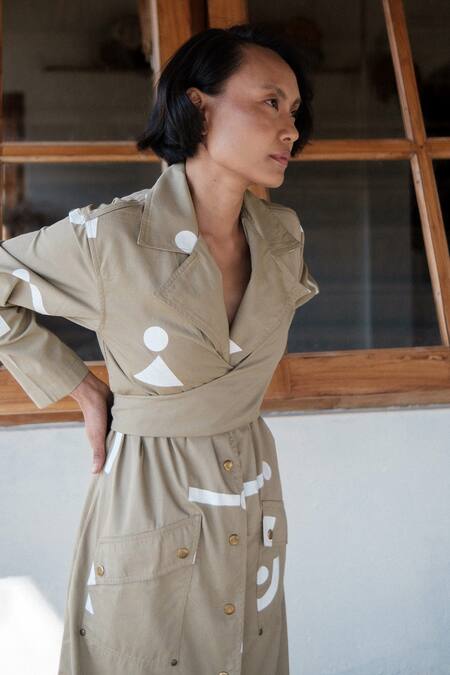 The Terra Tribe_Beige Organic Cotton Printed Triangle Lapel Collar Trench Coat_Online_at_Aza_Fashions