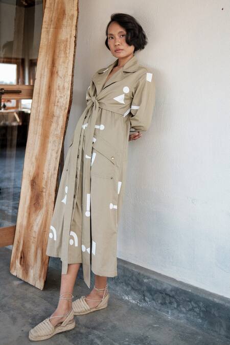 Shop_The Terra Tribe_Beige Organic Cotton Printed Triangle Lapel Collar Trench Coat_Online_at_Aza_Fashions