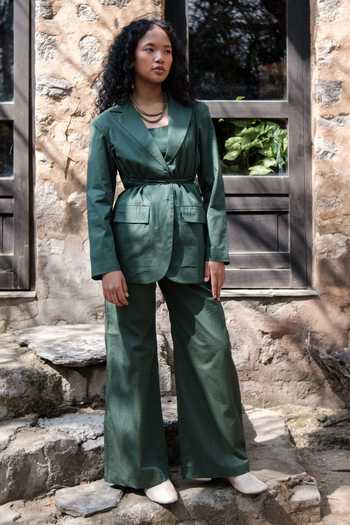 Buy The Terra Tribe Green Organic Cotton Solid Lapel Collar Plain Oversized Blazer at Aza Fashions Buy_The Terra Tribe_Green Organic Cotton Solid Lapel Collar Plain Oversized Blazer_at_Aza_Fashions