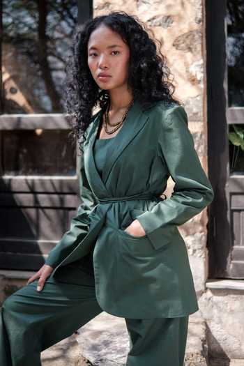Shop The Terra Tribe Green Organic Cotton Solid Lapel Collar Plain Oversized Blazer Online at Aza Fashions Shop_The Terra Tribe_Green Organic Cotton Solid Lapel Collar Plain Oversized Blazer_Online_at_Aza_Fashions