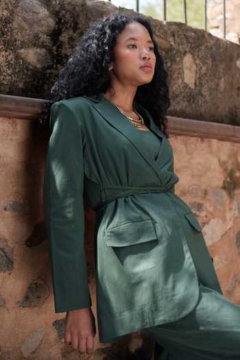 Buy The Terra Tribe Green Organic Cotton Solid Lapel Collar Plain Oversized Blazer Buy_The Terra Tribe_Green Organic Cotton Solid Lapel Collar Plain Oversized Blazer