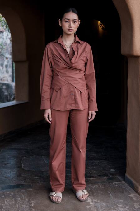 Buy_The Terra Tribe_Brown Organic Cotton Solid Plain Straight-legged Pant_Online_at_Aza_Fashions