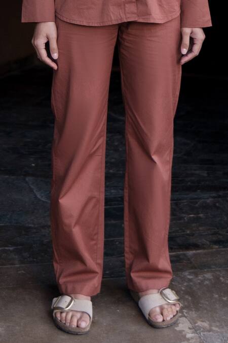 Shop_The Terra Tribe_Brown Organic Cotton Solid Plain Straight-legged Pant_Online_at_Aza_Fashions