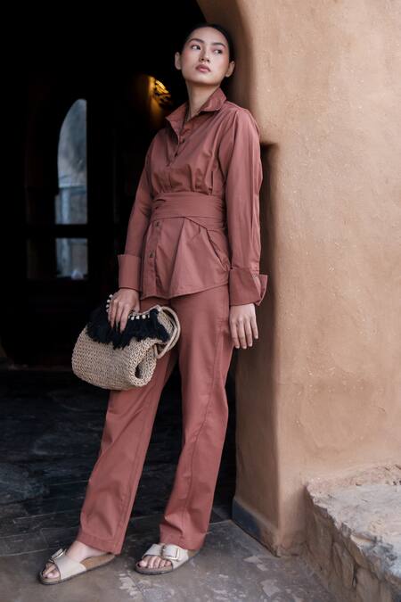 The Terra Tribe_Brown Organic Cotton Solid Plain Straight-legged Pant_at_Aza_Fashions