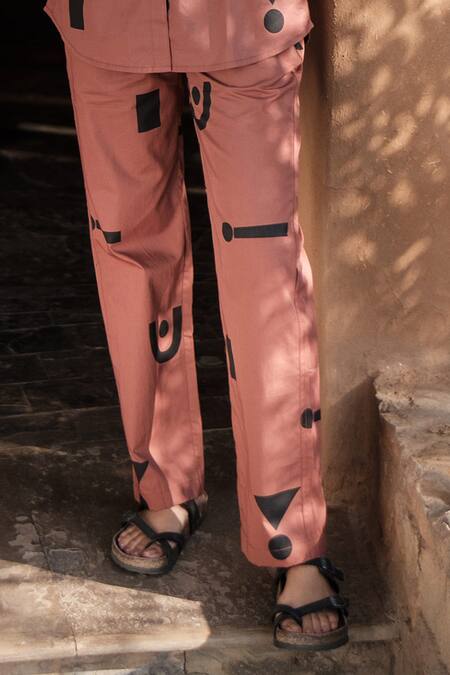 The Terra Tribe_Brown Organic Cotton Printed Triangle Pattern Straight-legged Pant_at_Aza_Fashions