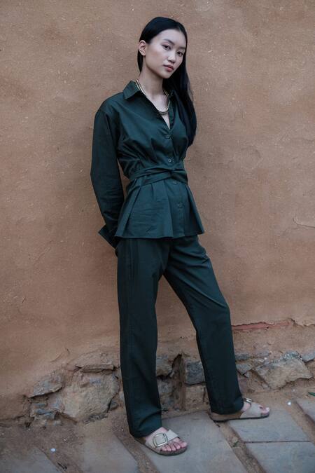 Shop_The Terra Tribe_Green Organic Cotton Solid Straight-legged Pant_Online_at_Aza_Fashions