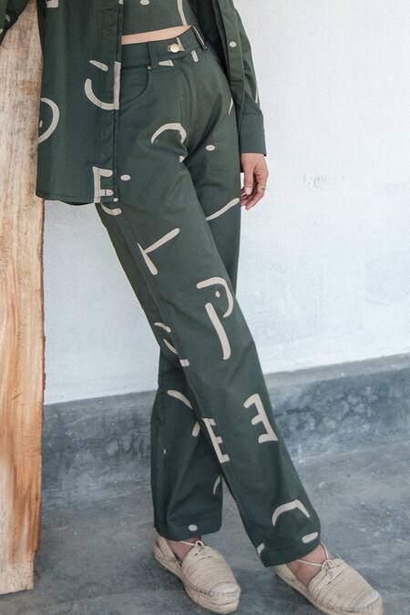 The Terra Tribe_Green Organic Cotton Printed Line Straight-legged Pant_Online_at_Aza_Fashions