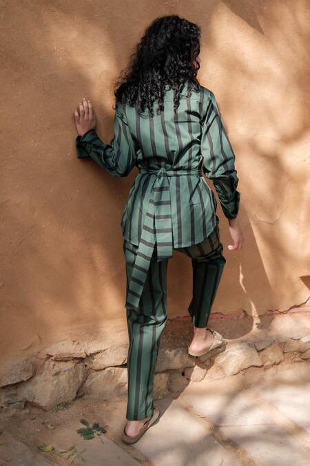 Shop The Terra Tribe Green Organic Cotton Printed Striped Pattern Straight-legged Pant at Aza Fashions Shop_The Terra Tribe_Green Organic Cotton Printed Striped Pattern Straight-legged Pant_at_Aza_Fashions