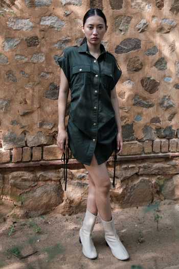 The Terra Tribe_Green Organic Cotton Solid Collared Sunrise Side Gathered Shirt Dress_Online_at_Aza_Fashions