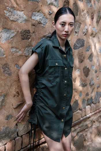 Buy_The Terra Tribe_Green Organic Cotton Solid Collared Sunrise Side Gathered Shirt Dress_Online_at_Aza_Fashions