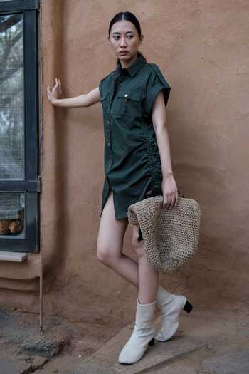 Shop_The Terra Tribe_Green Organic Cotton Solid Collared Sunrise Side Gathered Shirt Dress_Online_at_Aza_Fashions