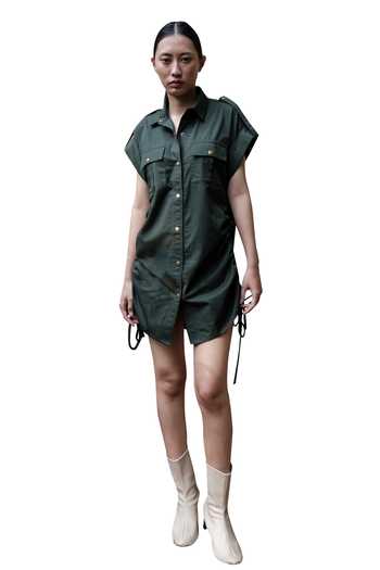 Buy_The Terra Tribe_Green Organic Cotton Solid Collared Sunrise Side Gathered Shirt Dress
