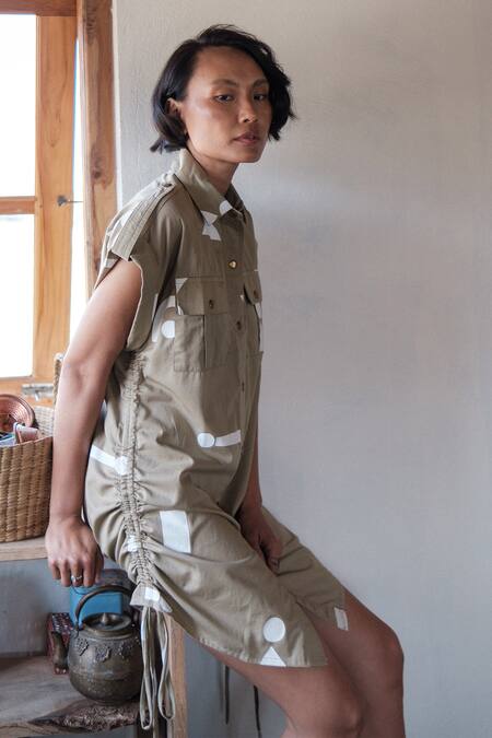 The Terra Tribe_Beige Organic Cotton Printed Triangle Collared Sunrise Dress_Online_at_Aza_Fashions