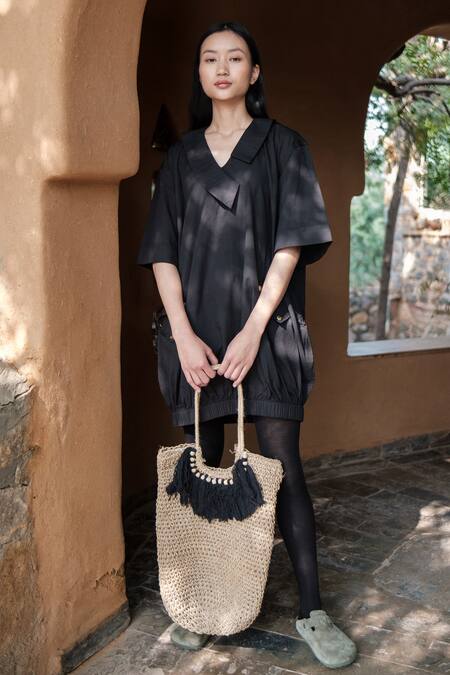 The Terra Tribe_Black Organic Cotton Solid V Neck Oversized Shift Dress_Online_at_Aza_Fashions