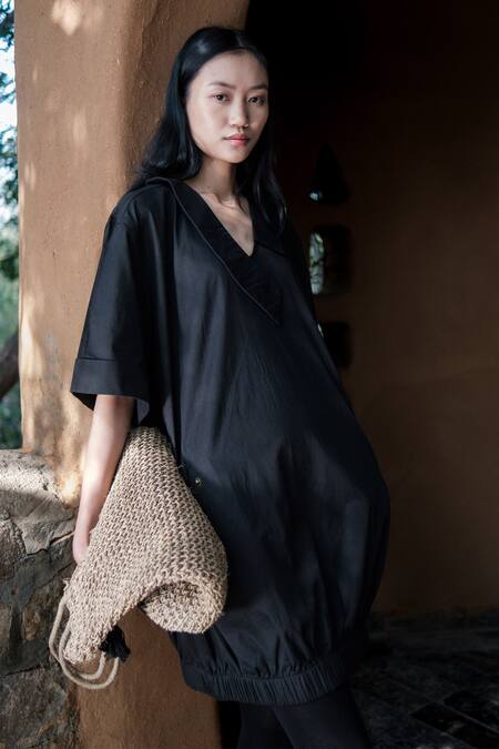 Shop_The Terra Tribe_Black Organic Cotton Solid V Neck Oversized Shift Dress_Online_at_Aza_Fashions