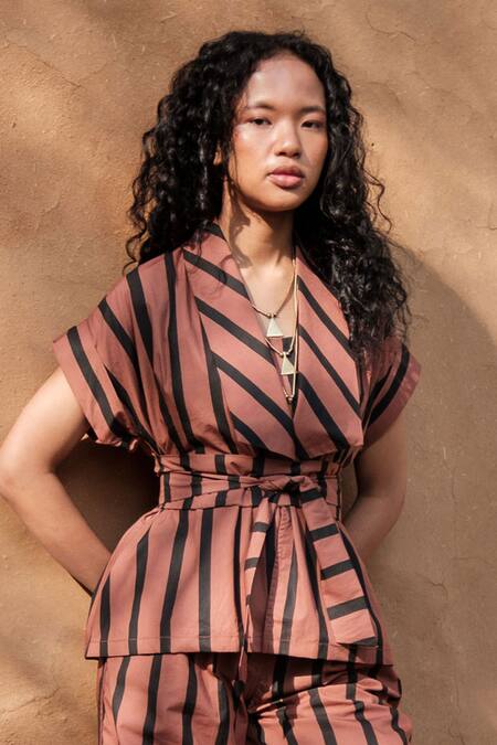 The Terra Tribe_Brown Organic Cotton Printed Stripe Friday Flared Pant_Online_at_Aza_Fashions