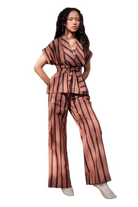 Shop_The Terra Tribe_Brown Organic Cotton Printed Stripe Friday Flared Pant_Online_at_Aza_Fashions