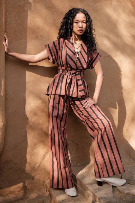 The Terra Tribe_Brown Organic Cotton Printed Stripe Friday Flared Pant_at_Aza_Fashions