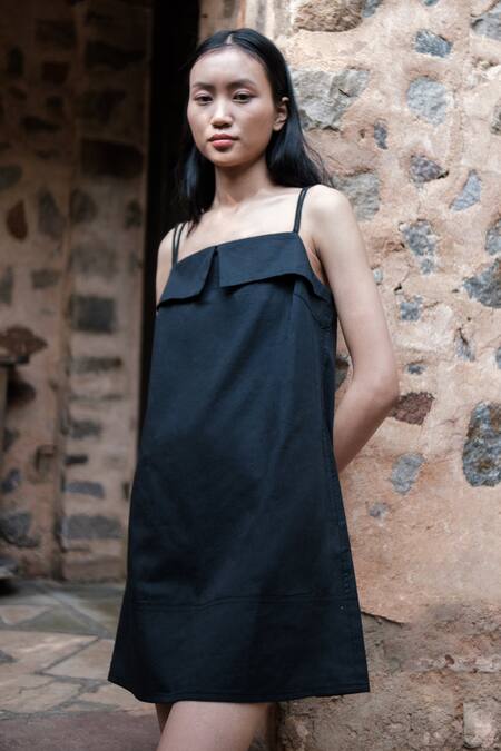 Buy_The Terra Tribe_Black Organic Cotton Solid Square Rachel Slip Dress_Online_at_Aza_Fashions