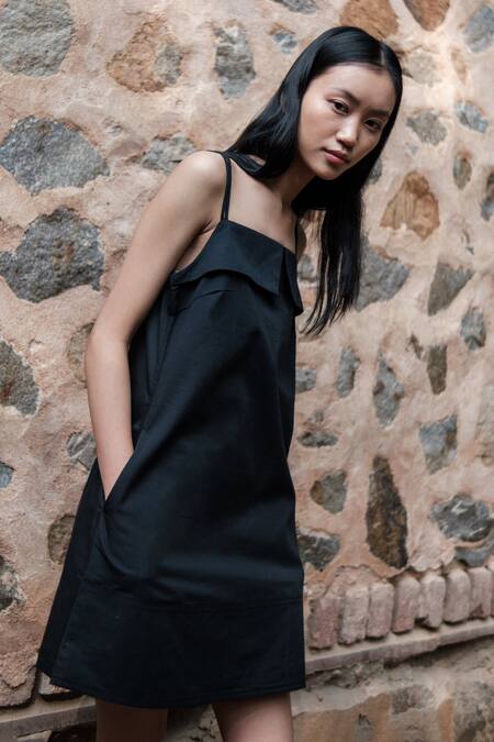 Shop_The Terra Tribe_Black Organic Cotton Solid Square Rachel Slip Dress_Online_at_Aza_Fashions
