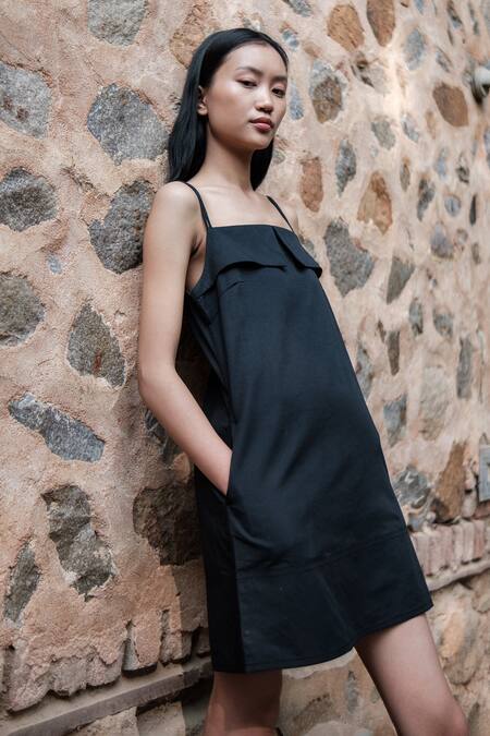 The Terra Tribe_Black Organic Cotton Solid Square Rachel Slip Dress_at_Aza_Fashions