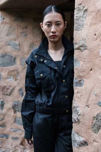 The Terra Tribe_Black Organic Cotton Solid High Neck Collar Sheldon Cropped Jacket_Online_at_Aza_Fashions