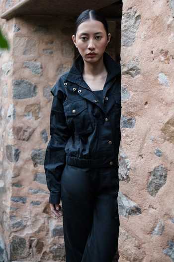 Shop_The Terra Tribe_Black Organic Cotton Solid High Neck Collar Sheldon Cropped Jacket_Online_at_Aza_Fashions