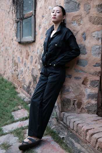 The Terra Tribe_Black Organic Cotton Solid High Neck Collar Sheldon Cropped Jacket_at_Aza_Fashions