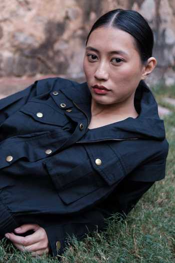 Buy_The Terra Tribe_Black Organic Cotton Solid High Neck Collar Sheldon Cropped Jacket