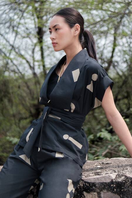 The Terra Tribe_Black Organic Cotton Printed Geometric Shawl Collar Berlin Jacket With Belt_Online_at_Aza_Fashions
