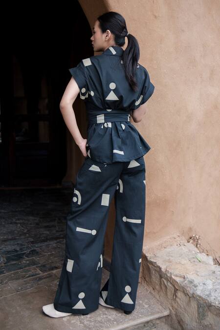 The Terra Tribe_Black Organic Cotton Printed Geometric Shawl Collar Berlin Jacket With Belt_at_Aza_Fashions