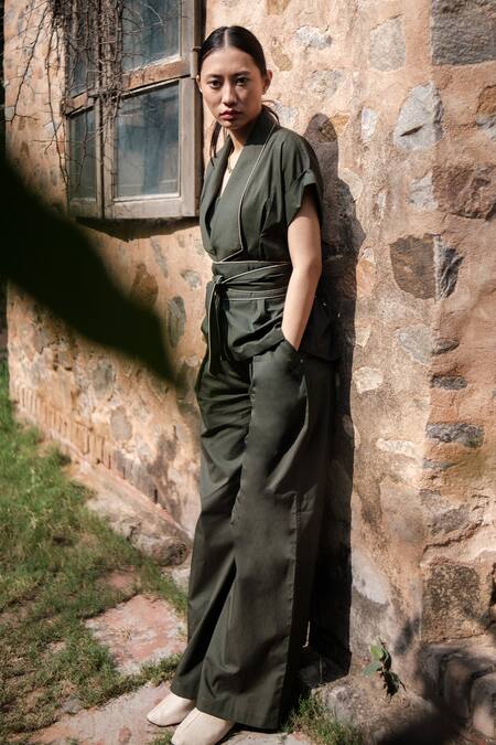 The Terra Tribe Green Organic Cotton Shawl Collar Berlin Plain Jacket With Belt Online at Aza Fashions The Terra Tribe_Green Organic Cotton Shawl Collar Berlin Plain Jacket With Belt_Online_at_Aza_Fashions