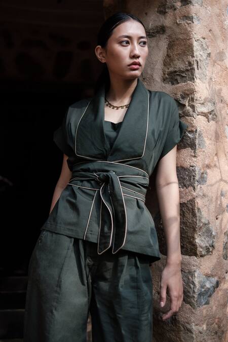 Shop The Terra Tribe Green Organic Cotton Shawl Collar Berlin Plain Jacket With Belt Online at Aza Fashions Shop_The Terra Tribe_Green Organic Cotton Shawl Collar Berlin Plain Jacket With Belt_Online_at_Aza_Fashions