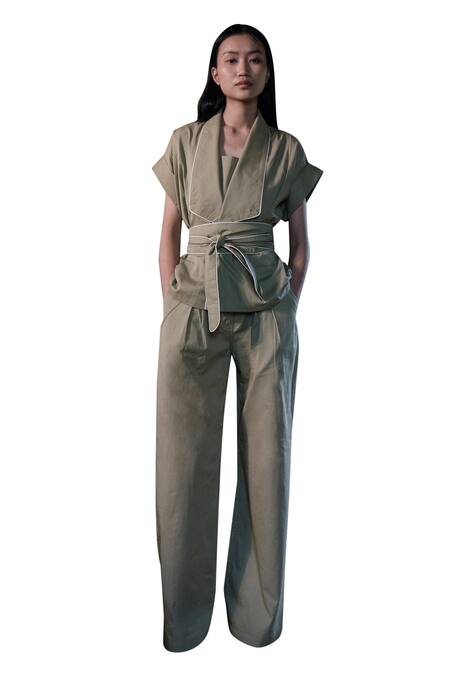 Buy_The Terra Tribe_Beige Organic Cotton Shawl Collar Berlin Plain Jacket With Belt_Online_at_Aza_Fashions