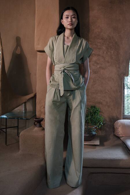 Shop_The Terra Tribe_Beige Organic Cotton Shawl Collar Berlin Plain Jacket With Belt_Online_at_Aza_Fashions