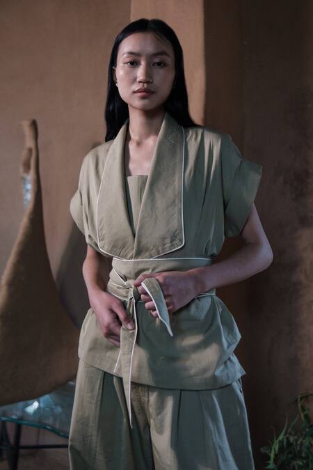 The Terra Tribe_Beige Organic Cotton Shawl Collar Berlin Plain Jacket With Belt_at_Aza_Fashions