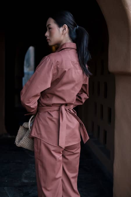 Buy_The Terra Tribe_Brown Organic Cotton Plain Collared Front Knot Shirt_Online_at_Aza_Fashions