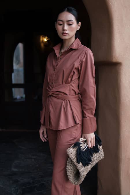 Shop_The Terra Tribe_Brown Organic Cotton Plain Collared Front Knot Shirt_Online_at_Aza_Fashions