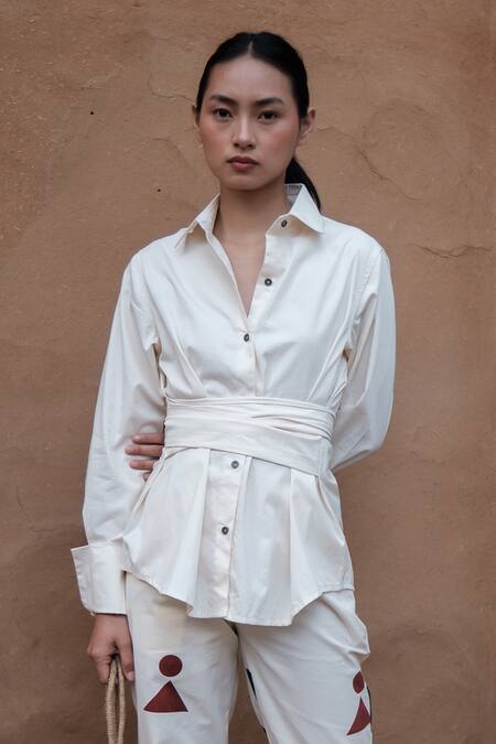 The Terra Tribe_Off White Organic Cotton Plain Collared Nara Button Down Front Knot Shirt_Online_at_Aza_Fashions