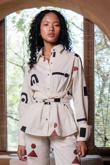 The Terra Tribe_Off White Organic Cotton Printed Stripe Collared Nara Traingle Front Knot Shirt_Online_at_Aza_Fashions
